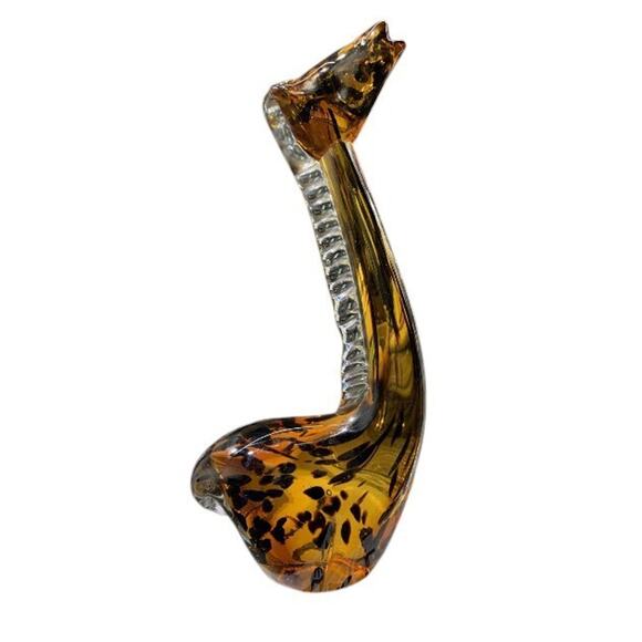 Vintage Glass Giraffe Murano Style Art 10 Inch Sculpture Amber And Black - Picture 1 of 3